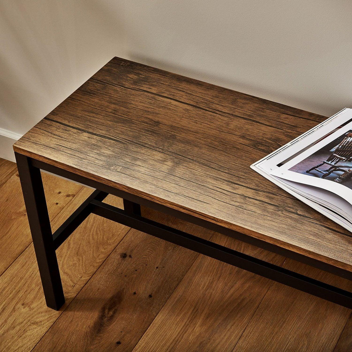 Sheffield Rich Oak Dining Table Set - 4 Seater - 2 Sheffield Benches - Matte Black Legs