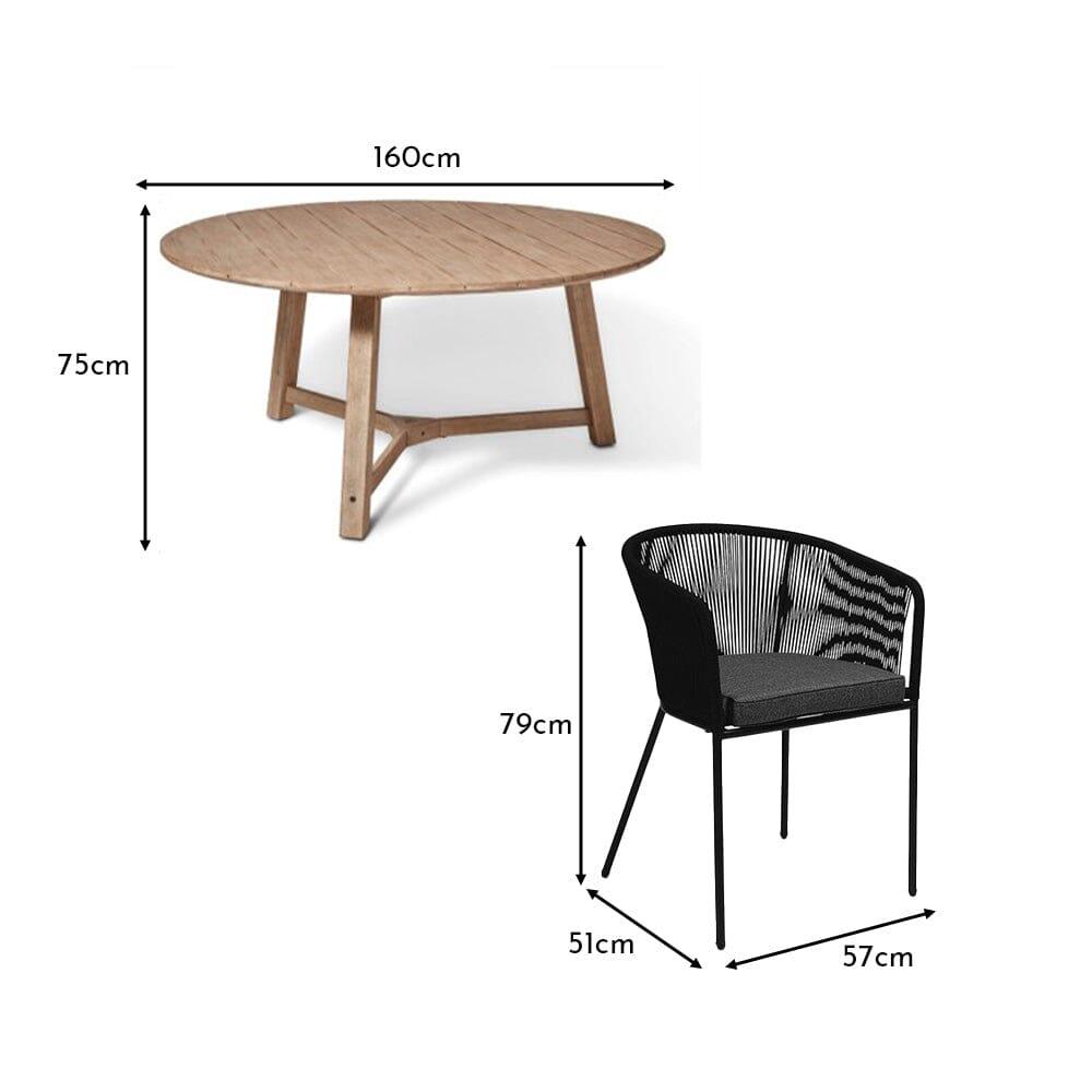 Shiro 6 Seater Wooden Round Garden Dining Table with 6 Hali Black Rope Chairs - 160cm