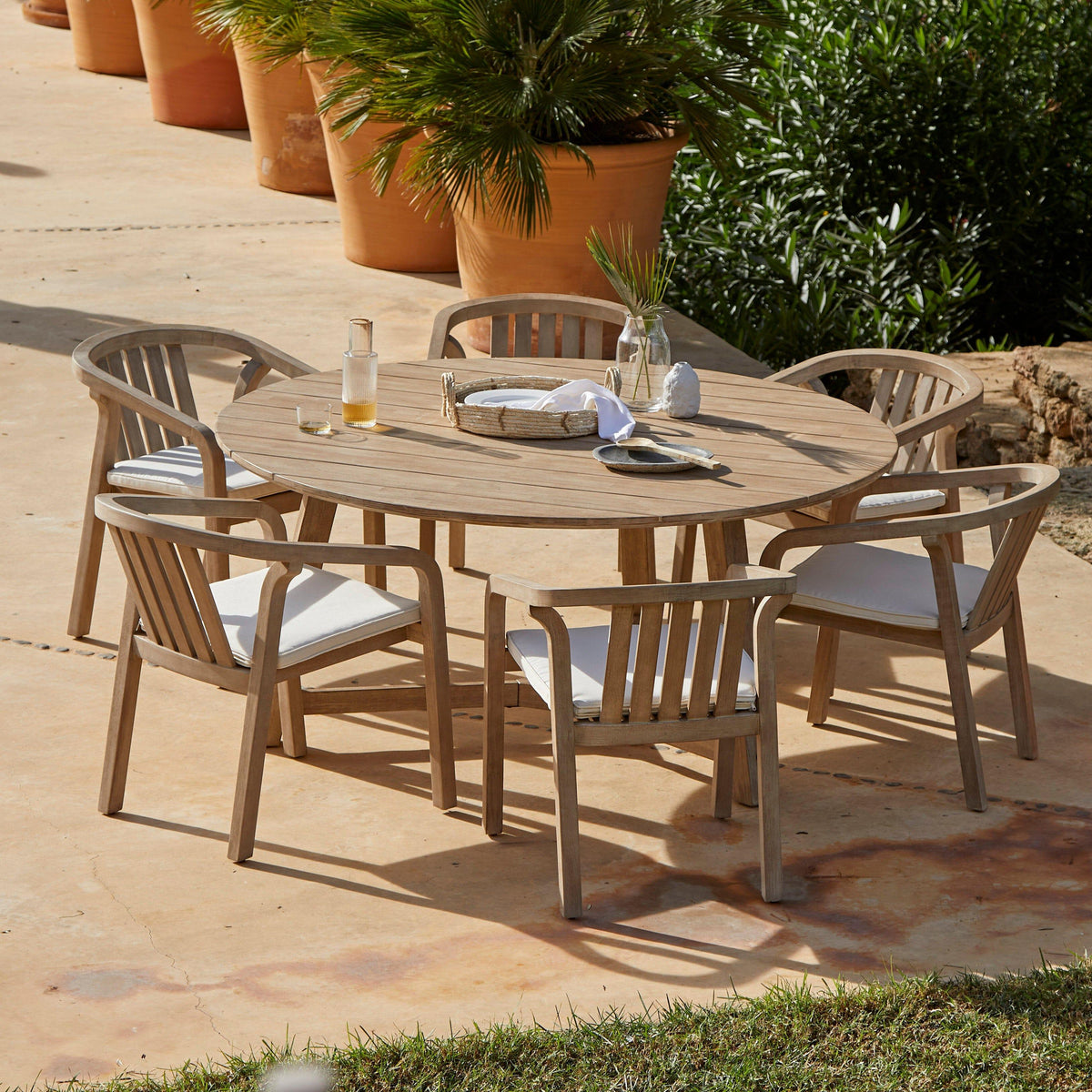 Shiro 6 Seater Wooden Round Garden Dining Table with 6 Shiro Chairs - 160cm