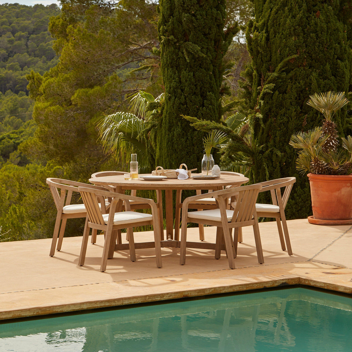 Shiro 6 Seater Wooden Round Garden Dining Table with 6 Shiro Chairs - 160cm