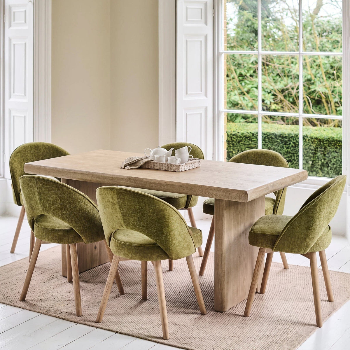 Nevaeh Chalked Mango Wood Dining Table Set - 6 Seater - Marilyn Green Dining Chairs - Chalked Mango Wood Legs