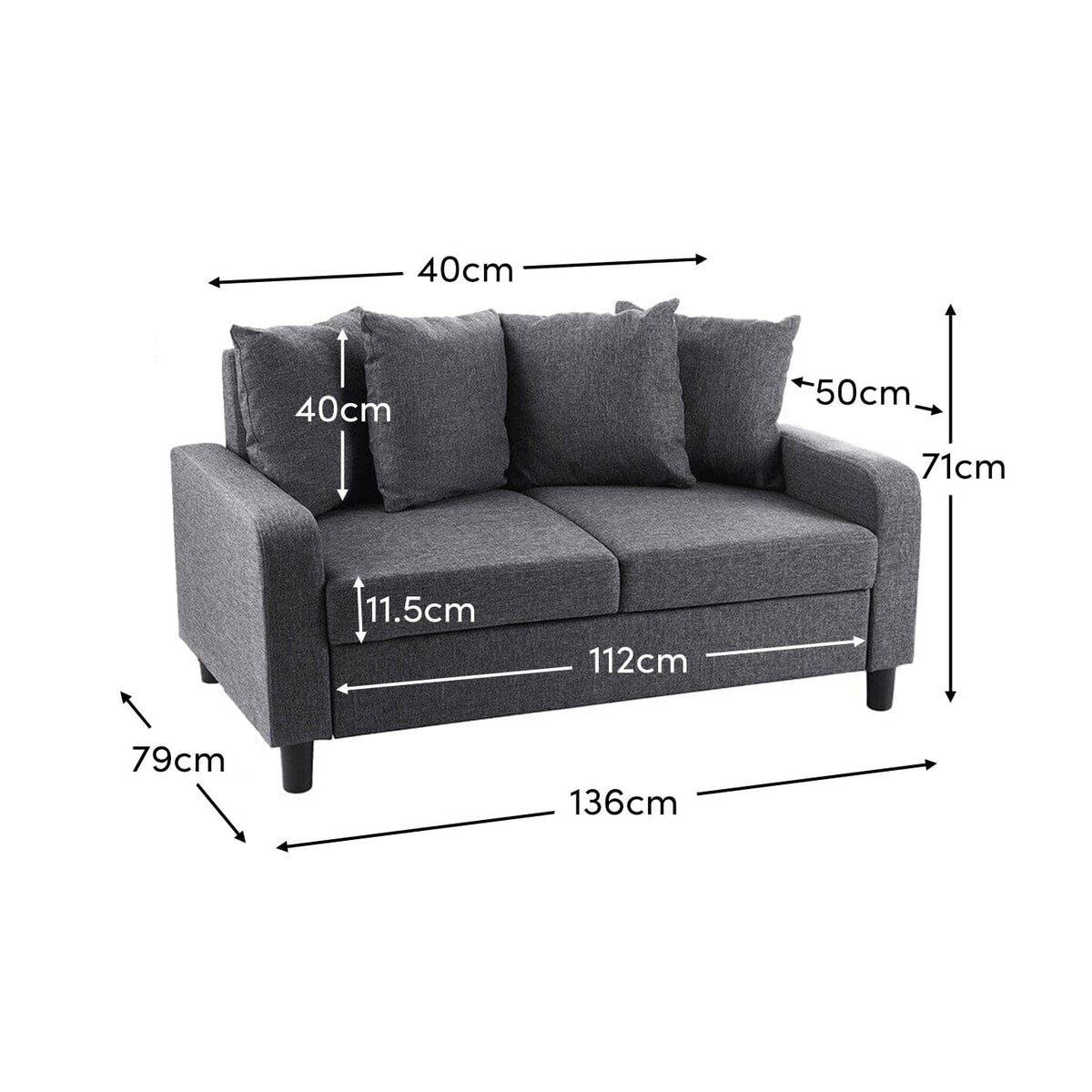 Tracy 2 Seater Sofa - Grey Linen with Black Legs