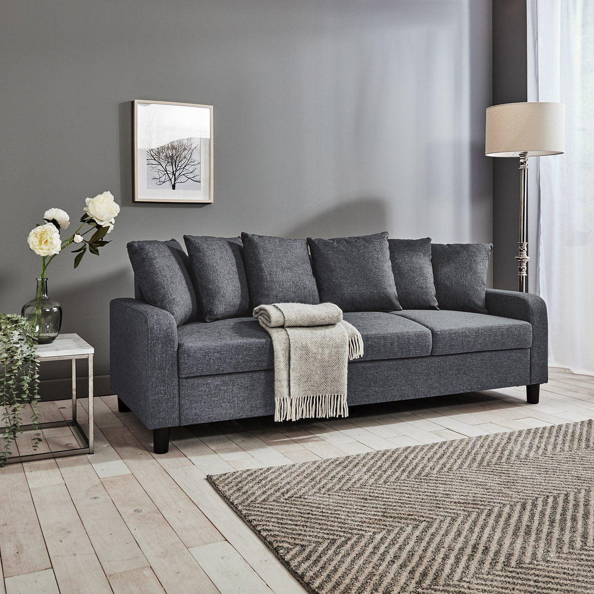 Tracy 3 Seater Sofa - Grey Linen with Black Legs