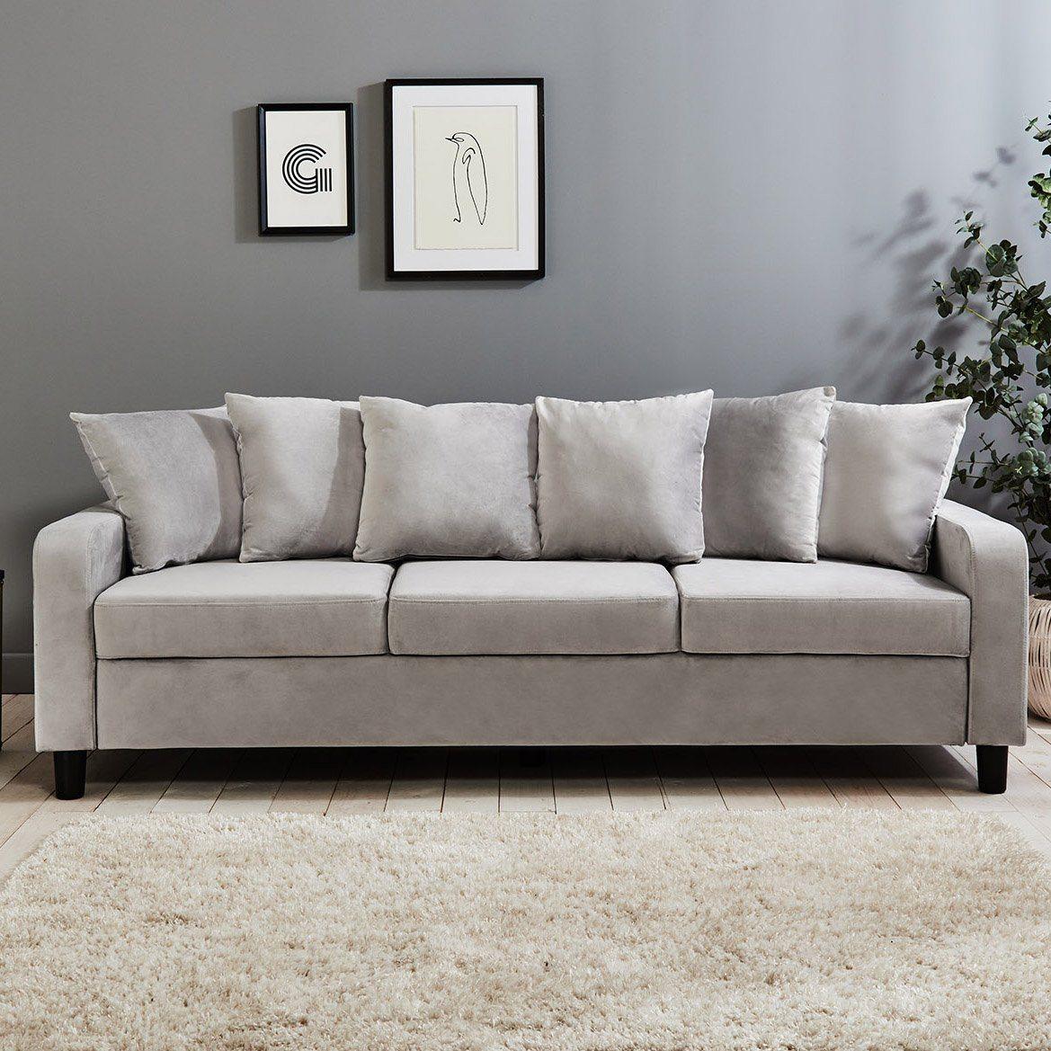 Tracy 3 Seater Sofa - Grey Velvet with Black Legs