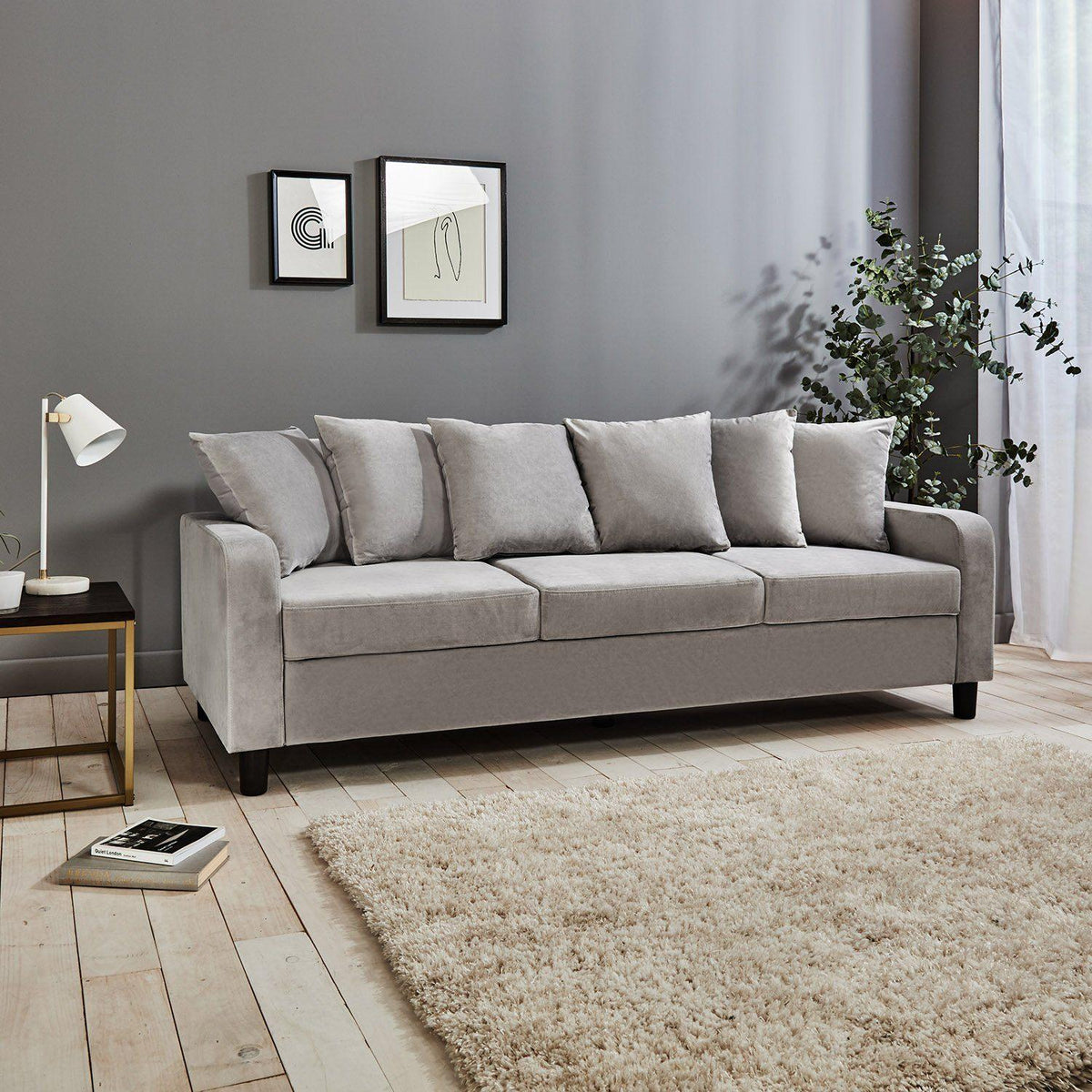 Tracy 3 Seater Sofa - Grey Velvet with Black Legs