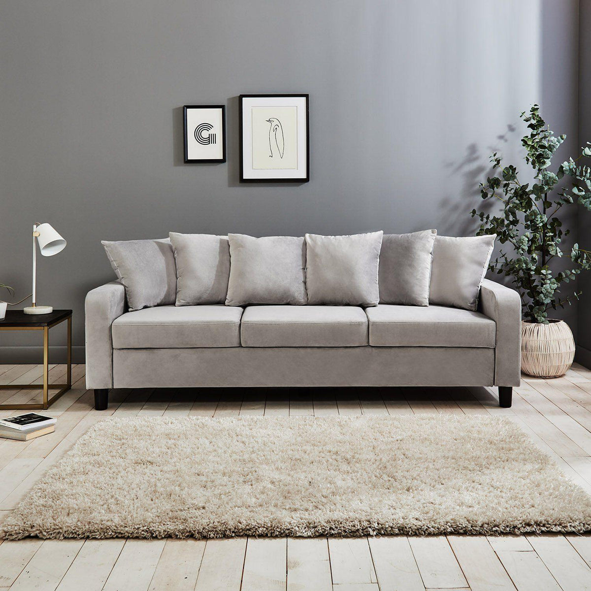 Tracy 3 Seater Sofa - Grey Velvet with Black Legs