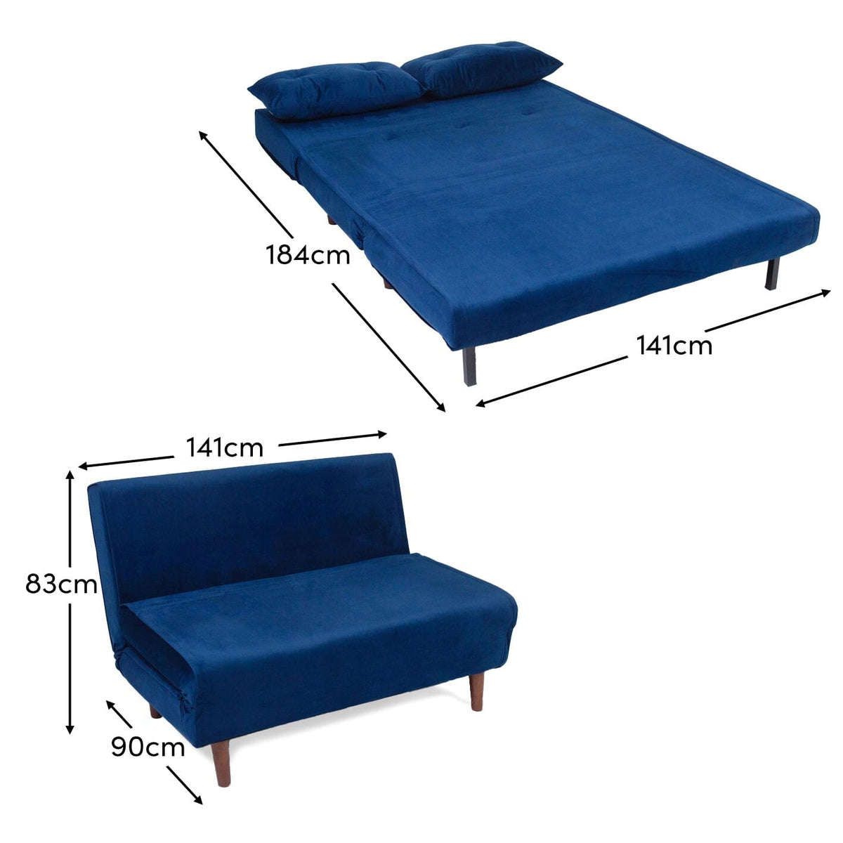 OUTLET - Una 2 Seater Double Sofa Bed - Blue Velvet