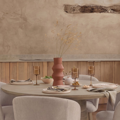 Adam 135cm Almond Brown Round Dining Table Set - 4 Seater - Archer Soft Beige Dining Chairs - Almond Brown Legs