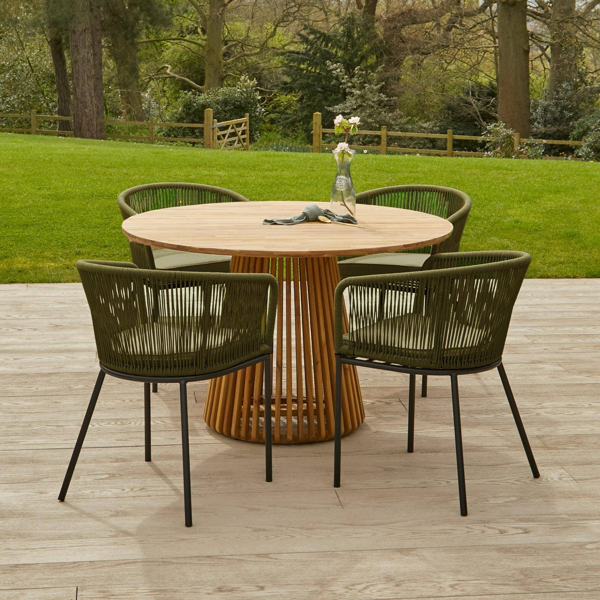 Willow 4 Seater Round Wooden Garden Dining Set - Hali Green Chairs