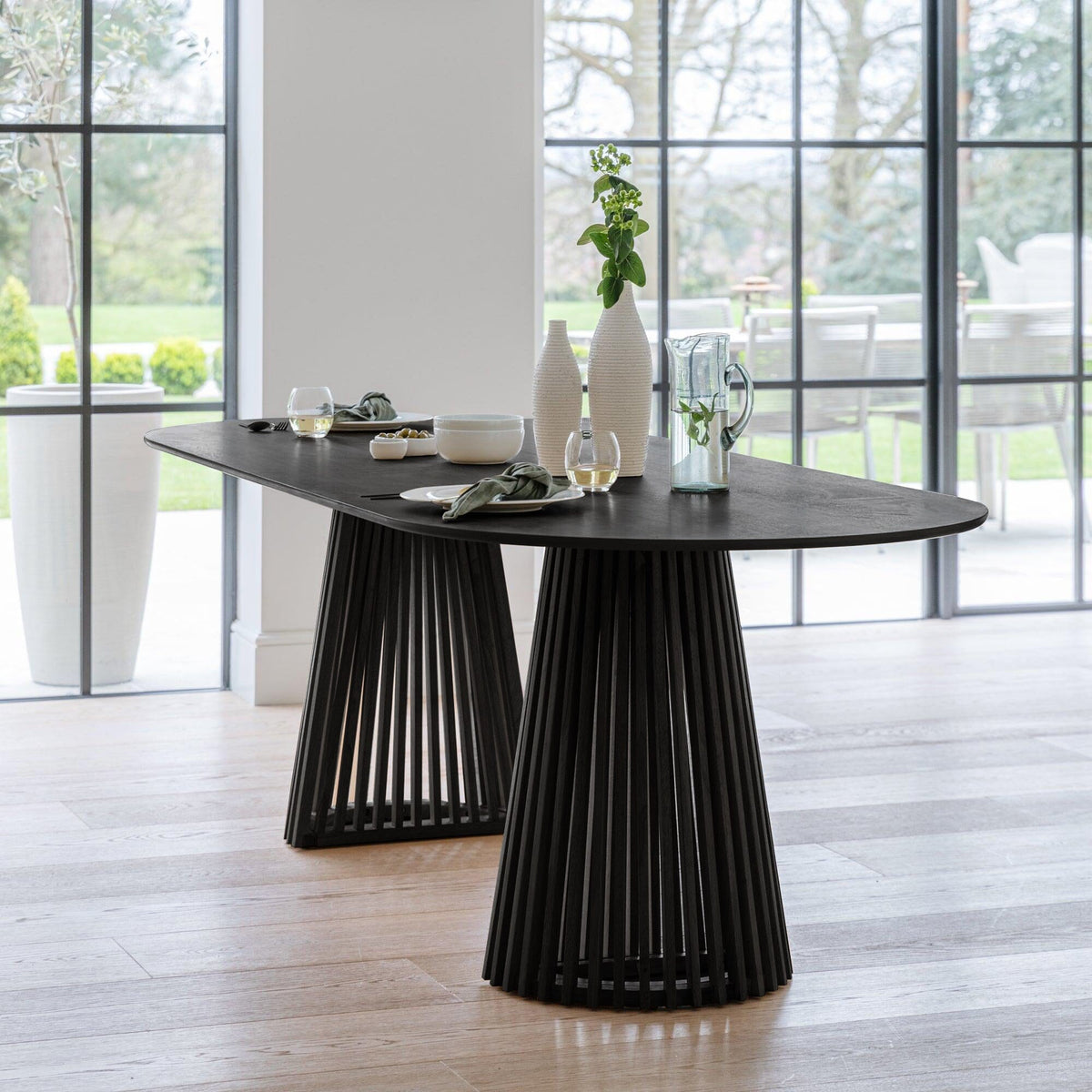Willow Black Dining Table Set - 6 Seater - Freya Sand Dining Chairs - Black Legs