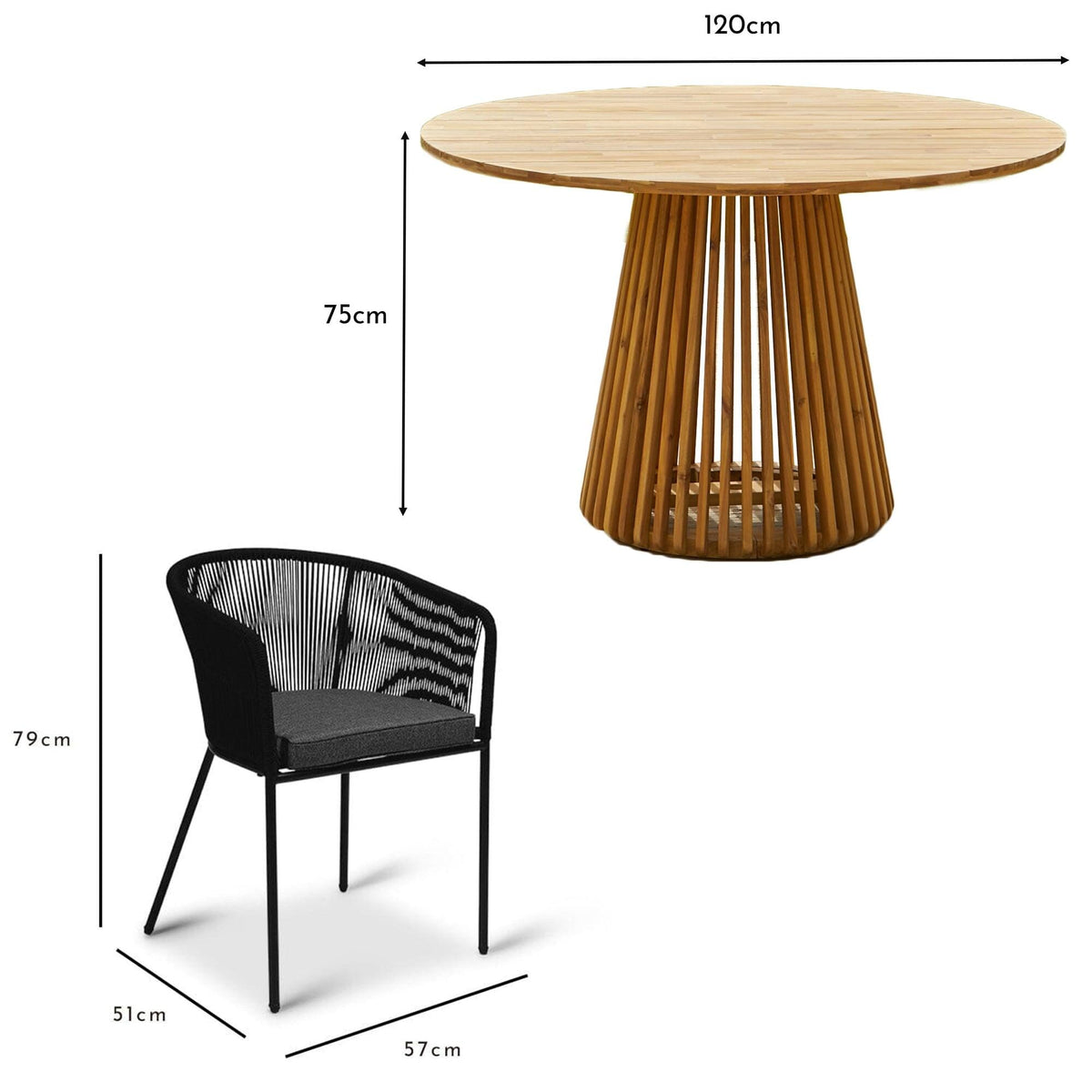 Willow 6 Seater Round Wooden Garden Dining Set - Hali Black Chairs