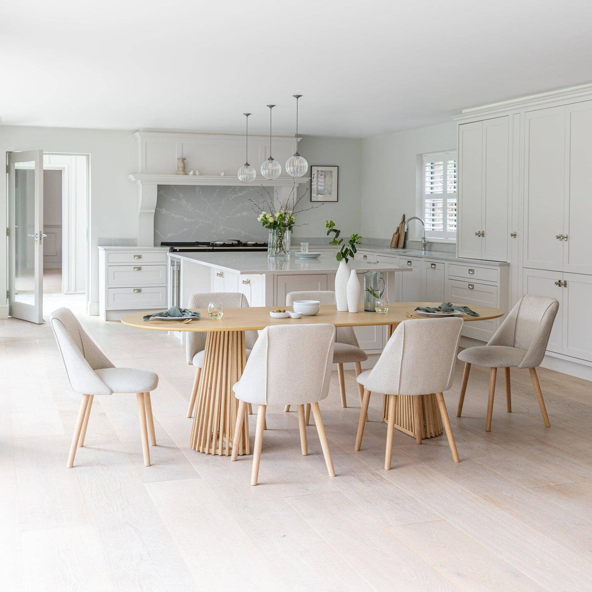 Willow Pale Oak  Dining Table Set - 6 Seater - Freya Sand Dining Chairs - Whitewash Legs