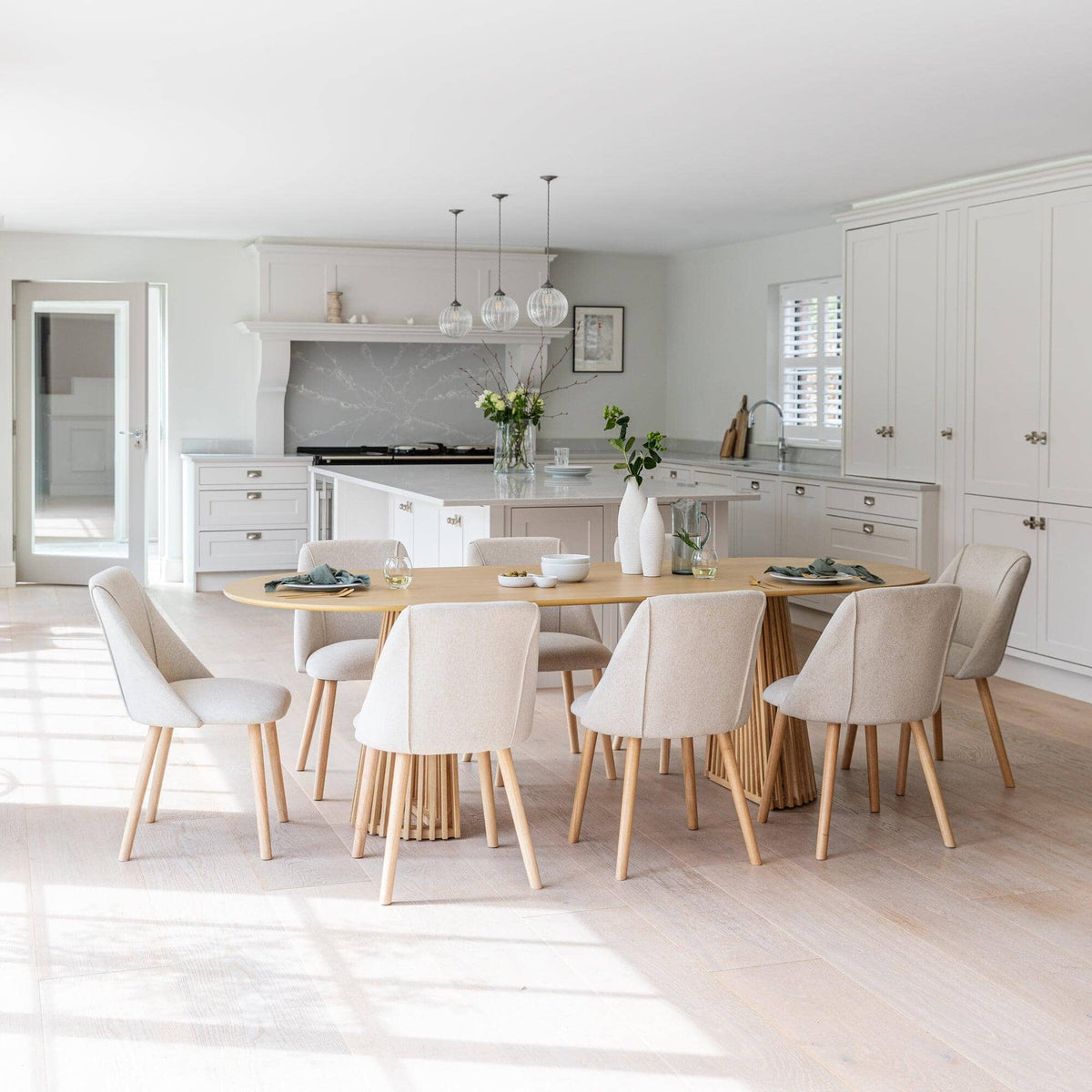 Willow Pale Oak  Dining Table Set - 8 Seater - Freya Sand Dining Chairs - Whitewash Legs