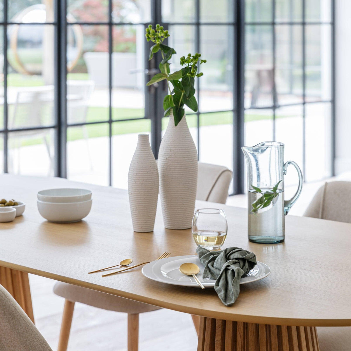 Willow Pale Oak  Dining Table Set - 8 Seater - Freya Sand Dining Chairs - Whitewash Legs