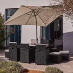 Cube 10 Seater Rattan Garden Dining Set with Cream LED Premium Parasol - Black Weave