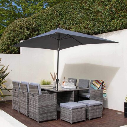 Cube 10 Seater Rattan Outdoor Dining Set with Grey LED Premium Parasol - Grey Weave