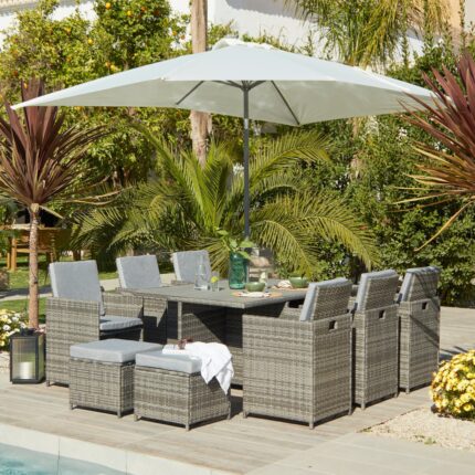 Cube 10 Seater Rattan Outdoor Dining Set with Cream Parasol - Grey Weave Polywood Top
