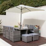 Cube 10 Seater Rattan Outdoor Dining Set with Cream Parasol - Grey Weave