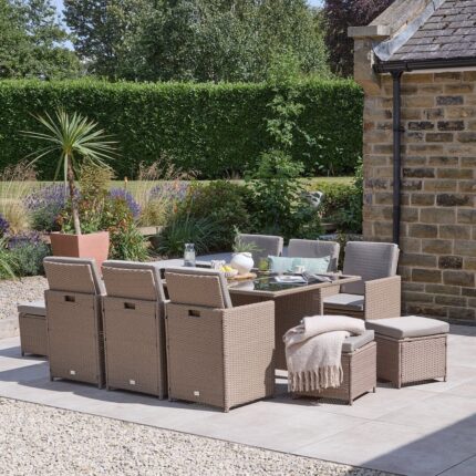 Cube 10 Seater Rattan Outdoor Dining Set with Grey LED Premium Parasol - Natural Brown Weave