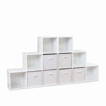 Cara 12 Cube Bookcase Ladder Storage Unit - Chalk White - Two 6 Cube Units - White Basket