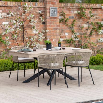 Amelia 4 Seater Wooden Garden Dining Set with 4 Hali Natural Chairs - Light Brushed Acacia with Black Legs