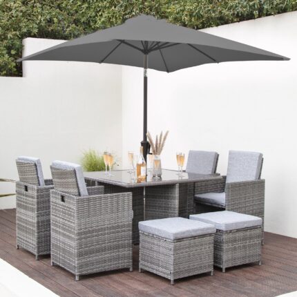 Cube 8 Seater Rattan Outdoor Dining Set with Grey LED Premium Parasol - Grey Weave