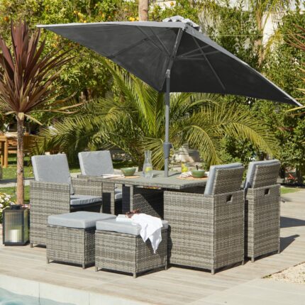 Cube 8 Seater Rattan Outdoor Dining Set Grey LED Premium Parasol  - Grey Weave Polywood Top