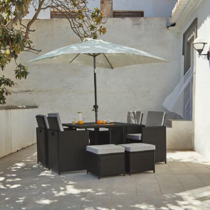Cube 8 Seater Rattan Outdoor Dining Set with Cream Parasol - Black Weave Polywood Top