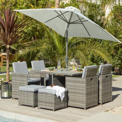Cube 8 Seater Rattan Outdoor Dining Set with Cream Parasol - Grey Weave Polywood Top