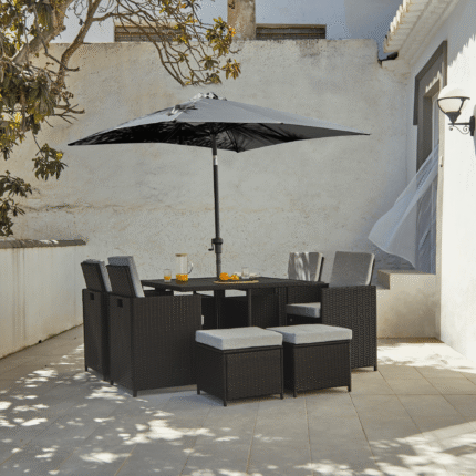 Cube 8 Seater Rattan Outdoor Dining Set with Grey Parasol- Black Weave Polywood Top