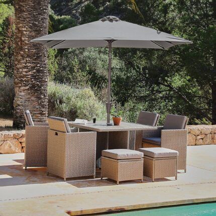 Cube 8 Seater Rattan Outdoor Dining Set with Grey Parasol - Natural Brown Weave Polywood Top