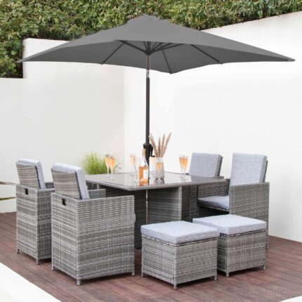 Cube 8 Seater Rattan Outdoor Dining Set with Grey Parasol - Grey Weave