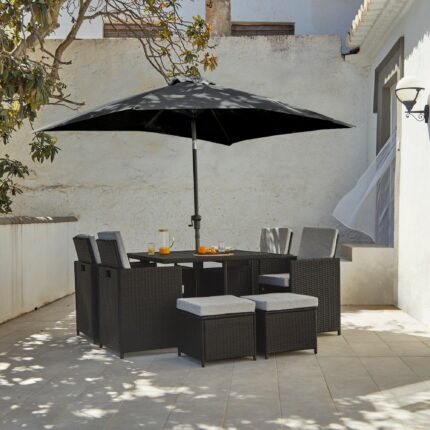 Cube 8 Seater Rattan Outdoor Dining Set with Grey LED Premium Parasol  - Black Weave Polywood Top