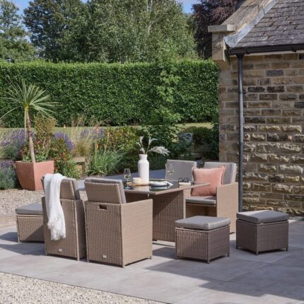 Cube 8 Seater Rattan Outdoor Dining Set with Cream Parasol - Natural Brown Weave