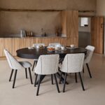 Amelia Black Oak Oval Extending Dining Table Set - 6 Seater - Freya Oat Boucle Dining Chairs- Black Oak Legs