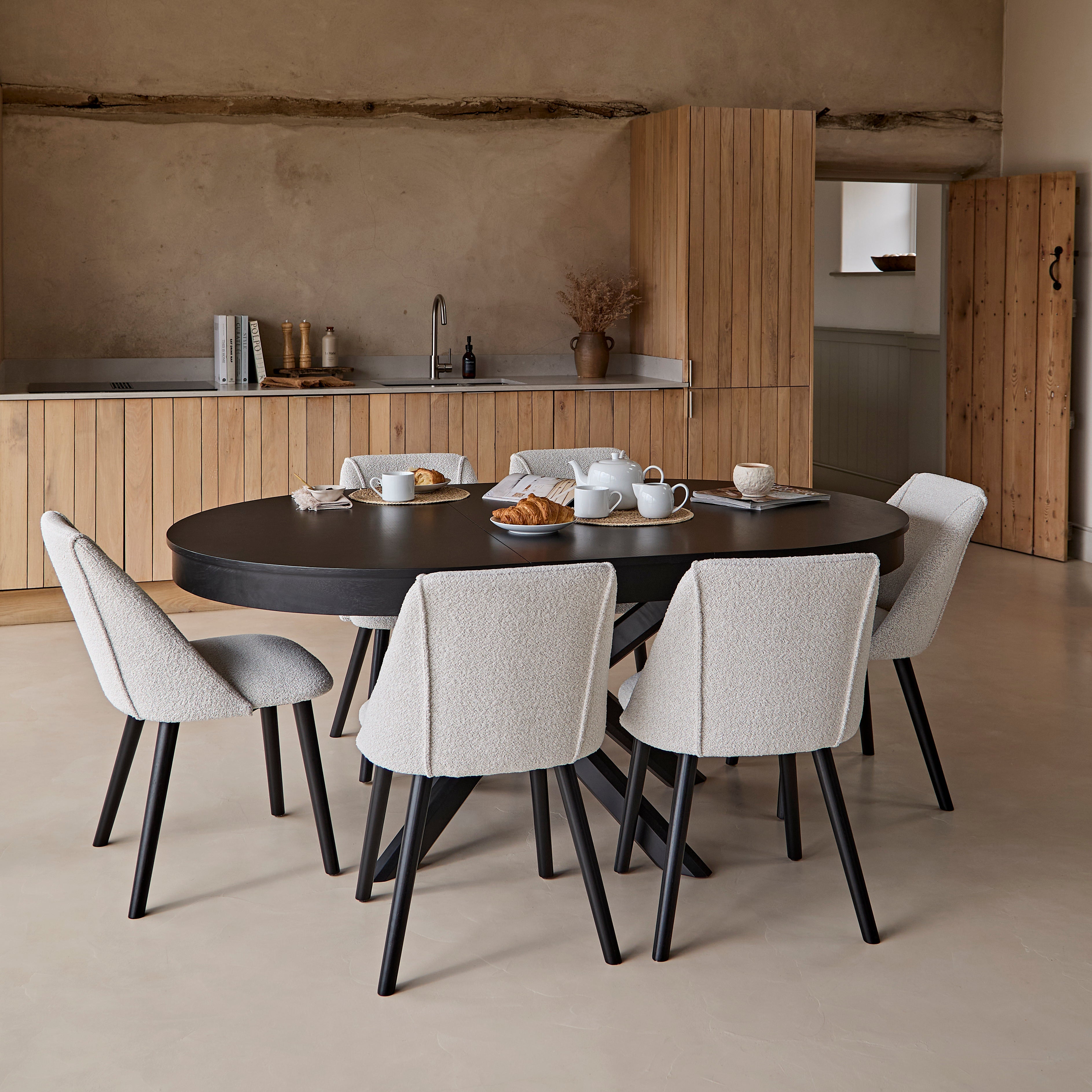 Amelia Black Oak Oval Extending Dining Table Set - 6 Seater - Freya Oat Boucle Dining Chairs- Black Oak Legs - Image 1