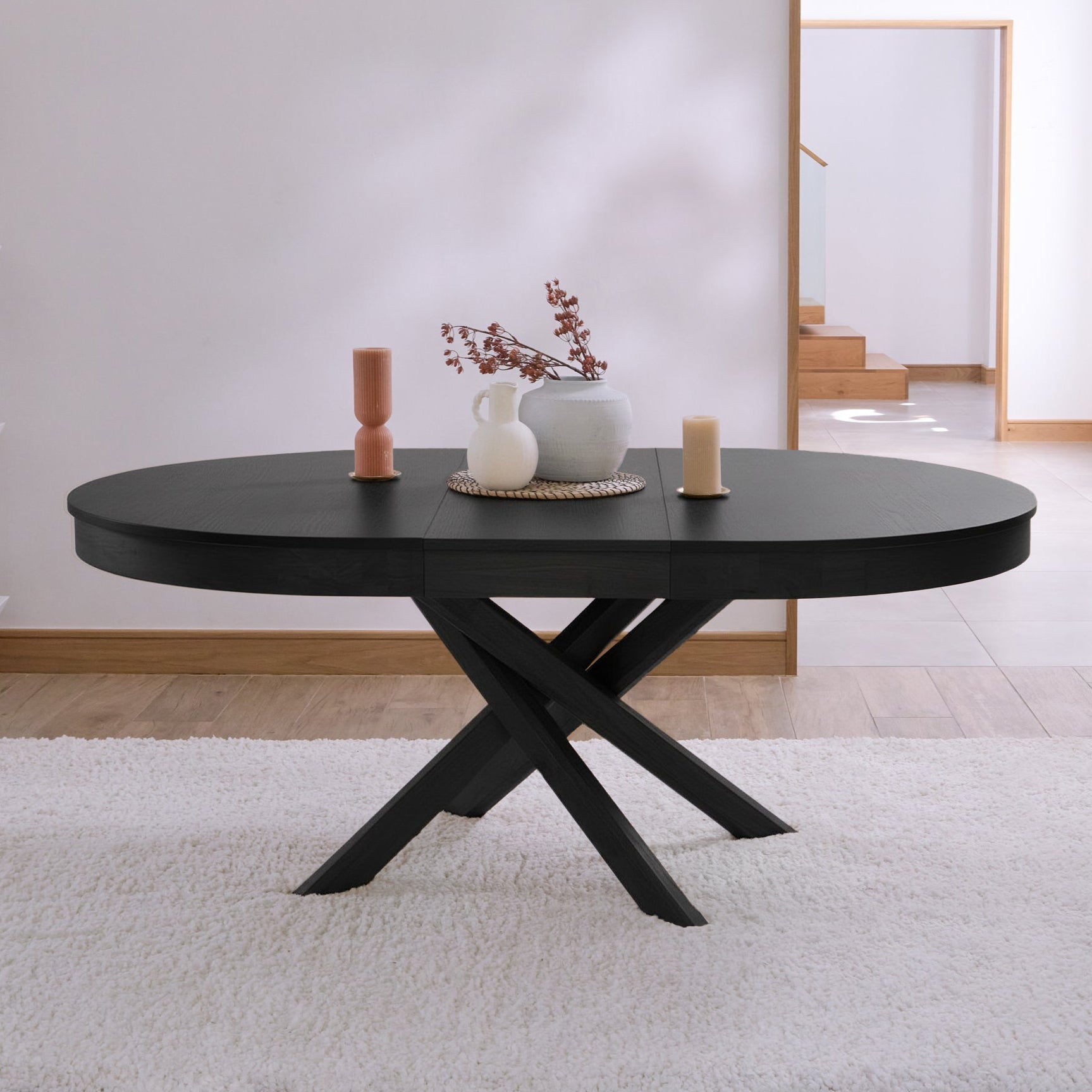 Amelia Black Oak Oval Extending Dining Table Set - 6 Seater - Freya Oat Boucle Dining Chairs- Black Oak Legs - Image 3