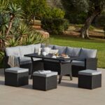 Aston 9 Seater Rattan Garden Corner Sofa Set with with Grey LED Premium Cantilever Parasol - Polywood Top - Black - Image 2