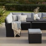 Aston 9 Seater Rattan Garden Corner Sofa Set with with Grey LED Premium Cantilever Parasol - Polywood Top - Black - Image 13