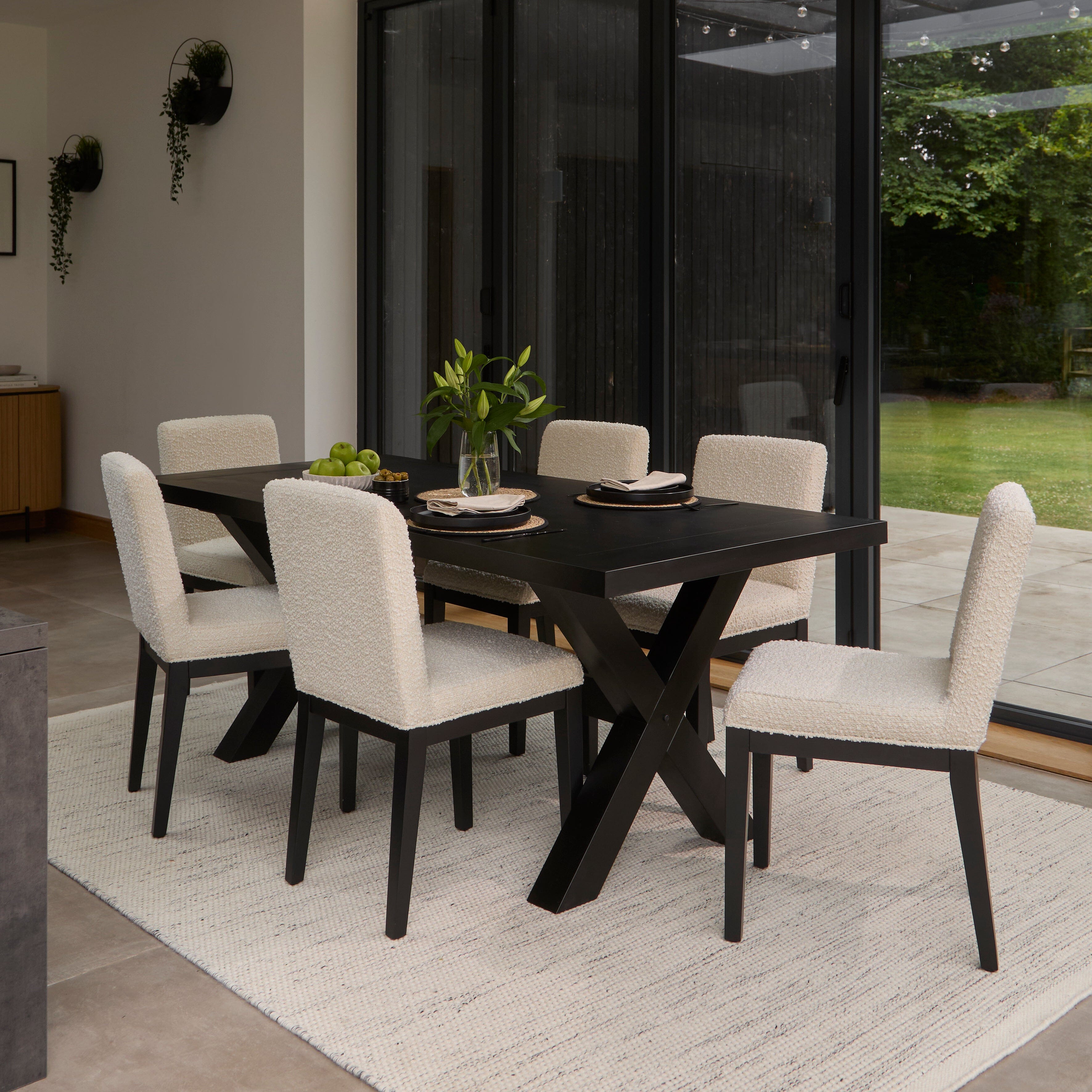 Charlotte_Black_Dining_Table_Nolan_Dining_Chair_Off_White_Boucle_with_Black_Oak_Legs-1 Charlotte Black Oak Extending Dining Table Set - 6 Seater - Nolan Boucle Dining Chairs - Black Oak Legs - Image 1