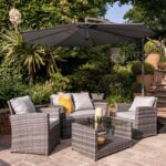 Cote 4 Seater Rattan Garden Sofa Set with Grey Lean Over Parasol - Grey Weave