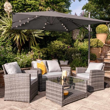 Cote 4 Seater Rattan Garden Sofa Set with Grey LED Premium Cantilever Parasol - Grey Weave