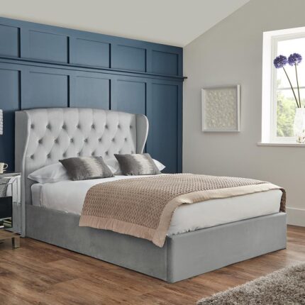 Outlet - Daisy King Size Ottoman Bed - Grey Velvet
