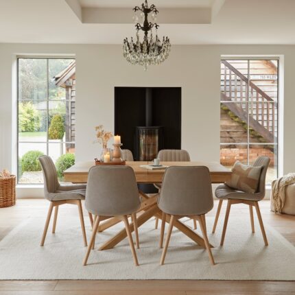 Amelia Whitewash Extending Dining Table Set - 6 Seater - Bella Soft Beige Dining Chairs - Whitewash Legs