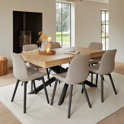 Amelia Whitewash Dining Table Set - 6 Seater - Bella Soft Beige Dining Chairs - Black Legs