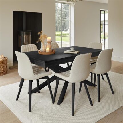 Amelia Black Extending Dining Table Set - 6 Seater - Bella Light Beige Boucle Dining Chairs - Black Legs