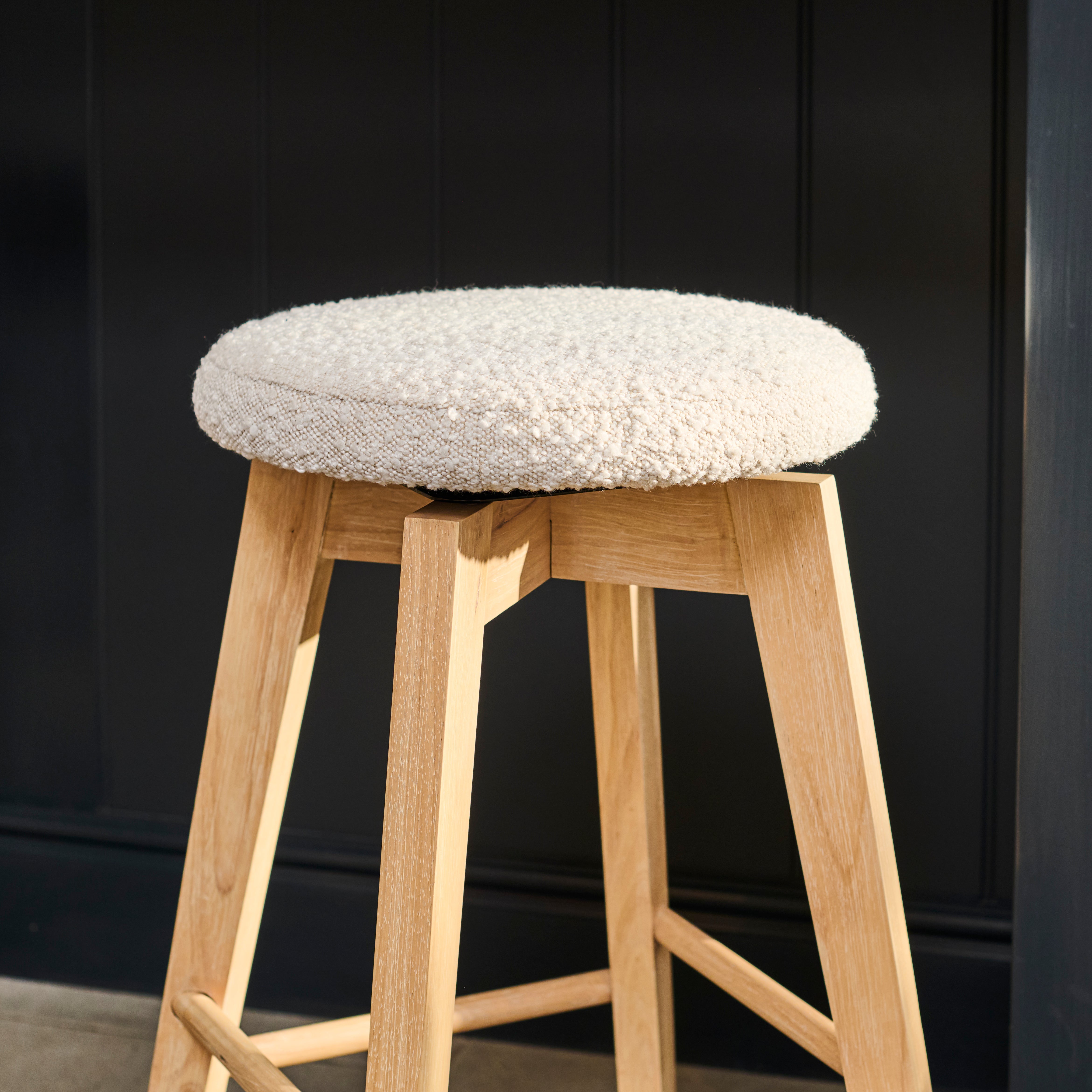 Digby Off White Boucle Swivel Backless Stools - Set of 2 - Whitewash Oak Legs - Image 2