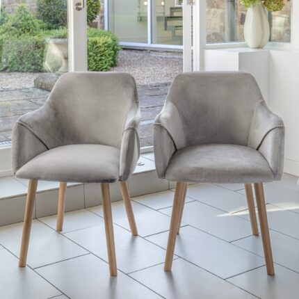 Freya Grey Velvet Armchairs - Set of 2 - Whitewash Oak Legs