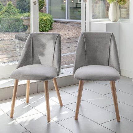 Freya Grey Velvet Dining Chairs - Set of 2 - Whitewash Oak Legs