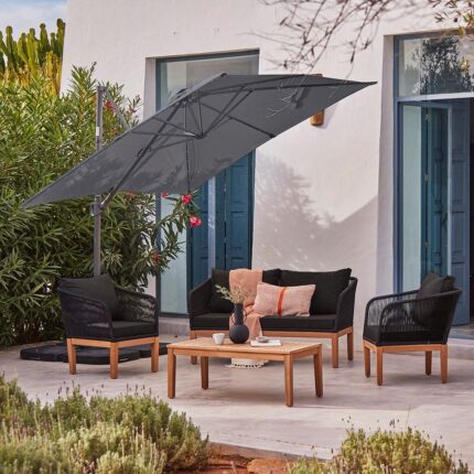 Eaden Rope Garden Conversation Set with Grey LED Premium Cantilever Parasol - Black